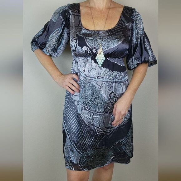 🔹️Steve Madden Sage & Gray Silk Ruffled Balloon Sleeve Dress Size 8 - Picture 1 of 15